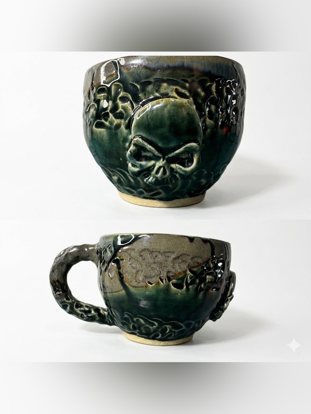 Handmade Studio Pottery Skull Mug Gothic Green Black Stoneware Cup Ceramic
